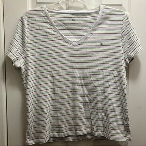TOMMY HILFIGER Womens V Neck Multi Striped T-Shirt Flag Logo Stretchy Cotton XXL